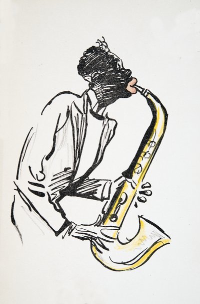 Saxophonspieler, aus White Bottoms, veröffentlicht 1927 (Farbholzschnitt) von Sem